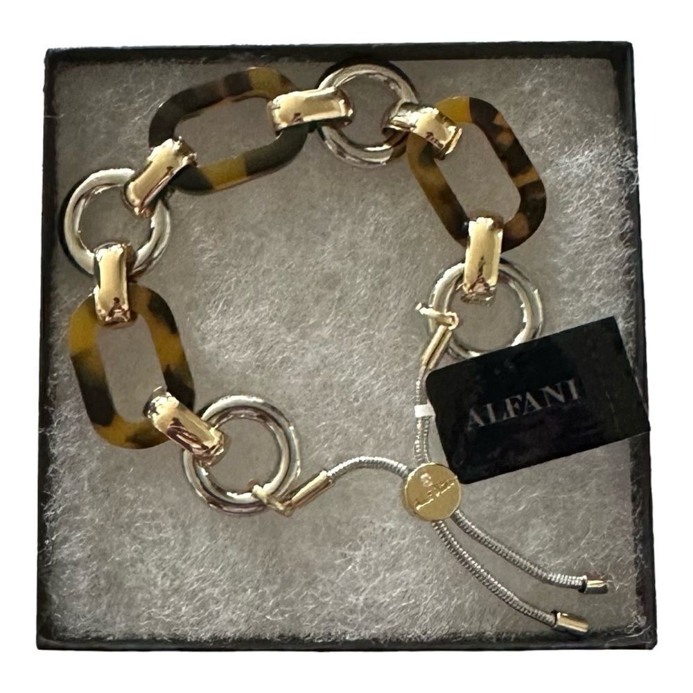 NWT Alfani Tortoiseshell Resin Chunky Chain Mixed Metal Bolo Statement Bracelet